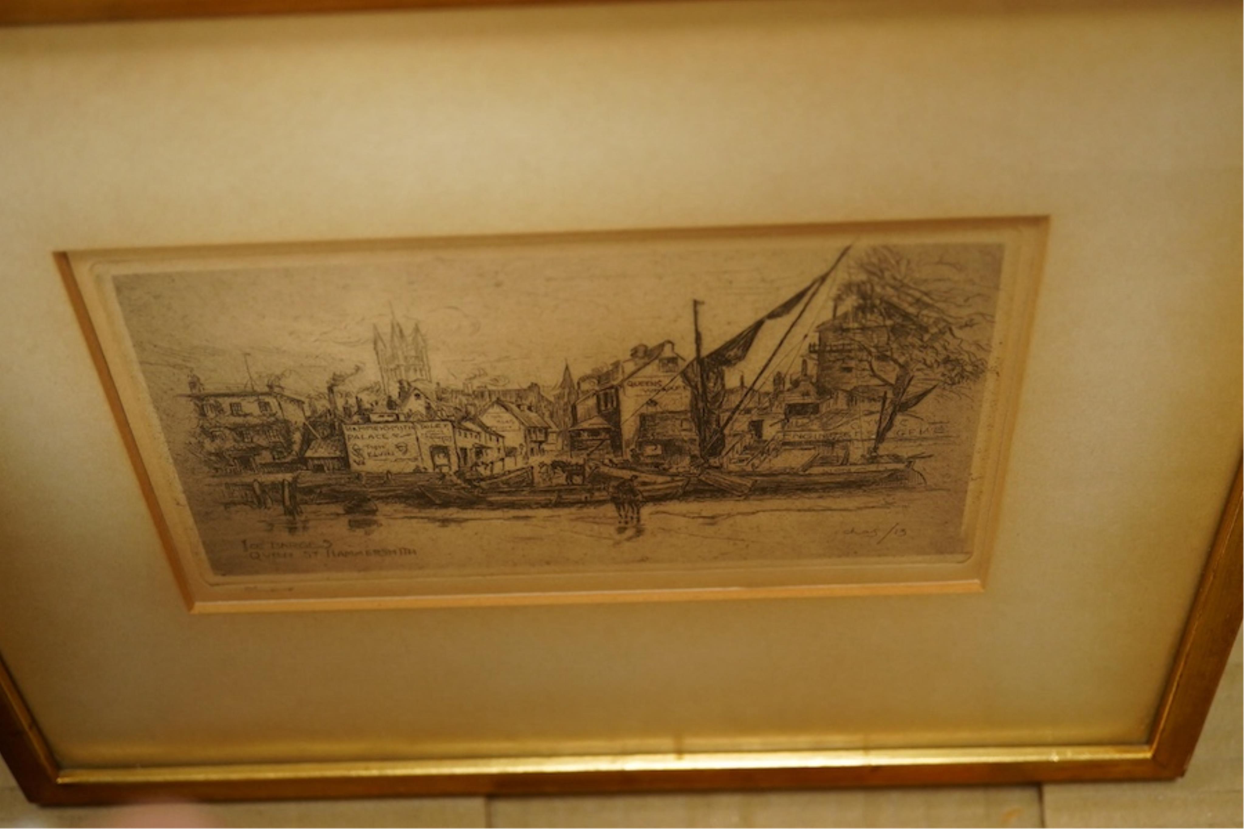 Three ink, pencil and charcoal portraits together with three etchings, three etchings to include Chiswick Mail and Strand on the Green, 35 x 24cm. Condition - fair, one glass cracked